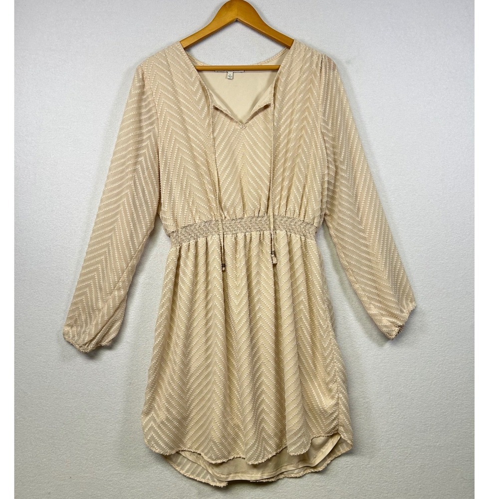 Daniel Rainn Women XL Beige Textured‎ Long Sleeve Smocked Waist Mini Dress
